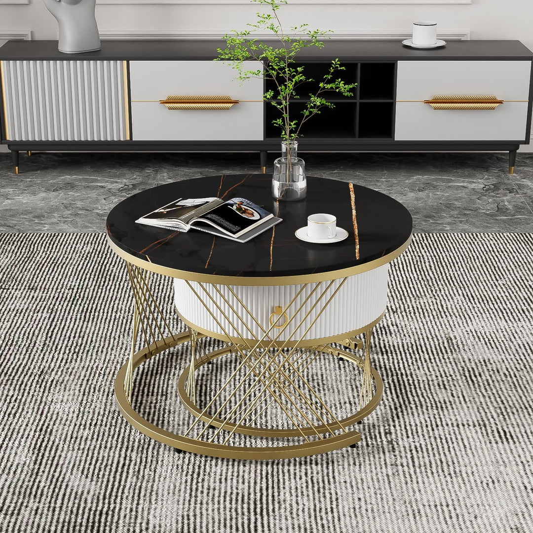 Merax Couchtisch 2er-Set, 70x70 cm+50x50 cm, Marmoroptik mit Golddekor, Beistelltisch mit Schubladen