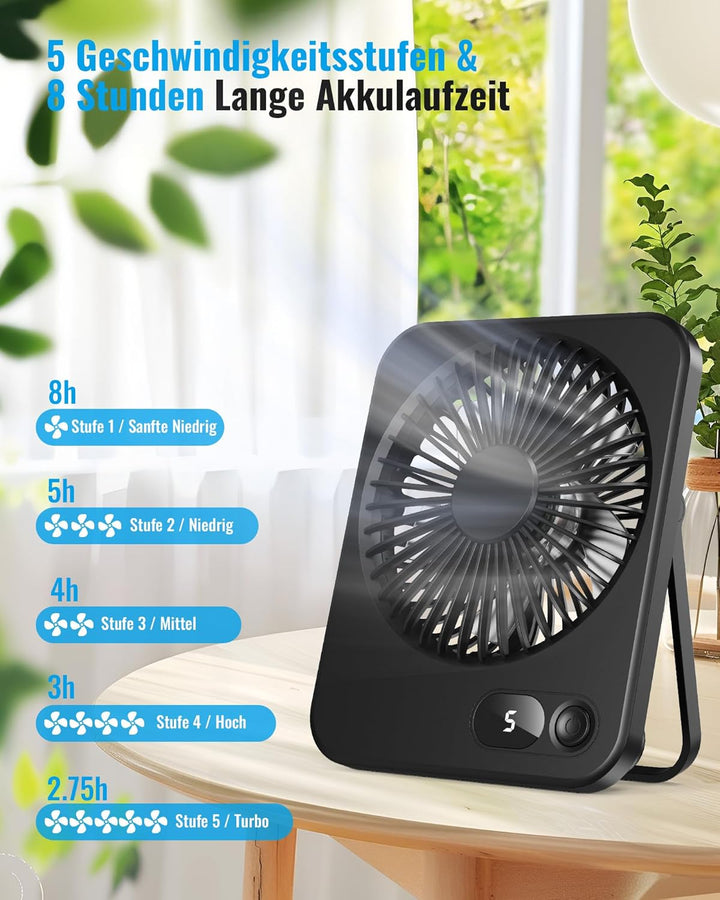 Tischventilator Kleiner - USB Ventilator mit 5 Stufen, 180° verstellbar, Ultra-Slim 3,8 cm, LED-Disp