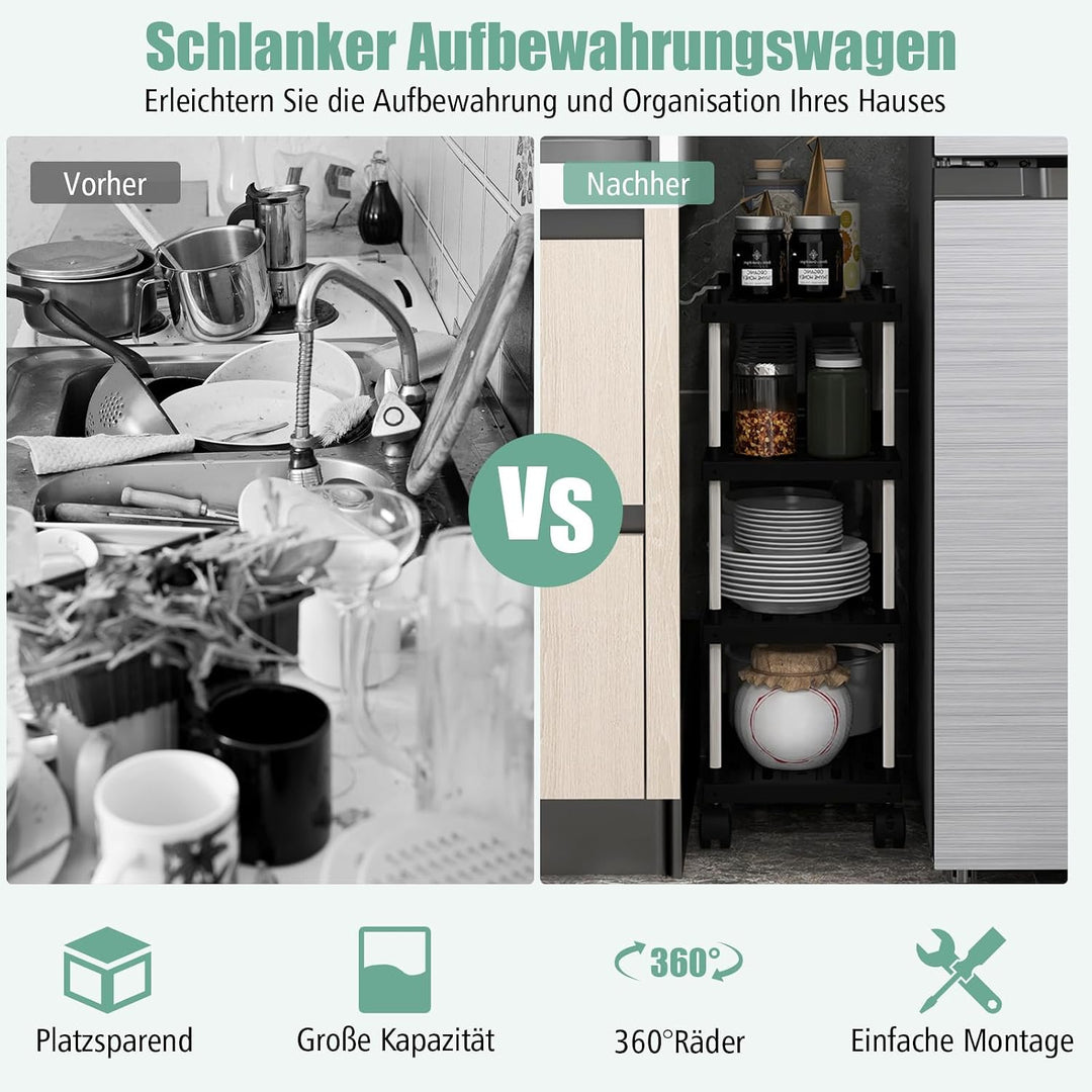 COSTWAY Rollwagen mit 4 Ebenen, Nischenregal mit Rollen und seitlichen Haken, Allzweckwagen, Küchenw