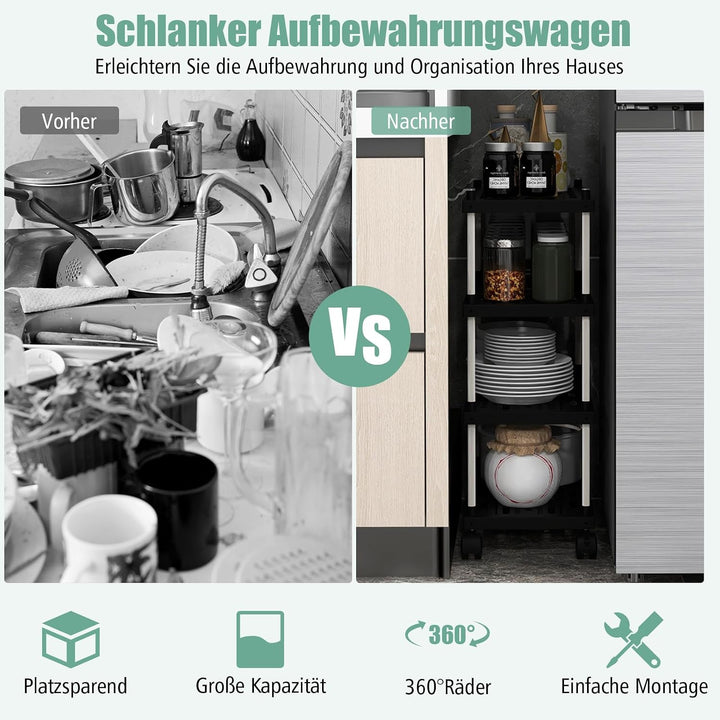 COSTWAY Rollwagen mit 4 Ebenen, Nischenregal mit Rollen und seitlichen Haken, Allzweckwagen, Küchenw
