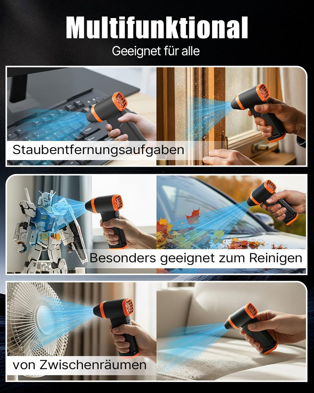 WOWDSGN Elektrischer Staubgebläse Kabellos - Gebläse Akku -130.000 U/min, 4 Geschwindigkeiten, Wiede