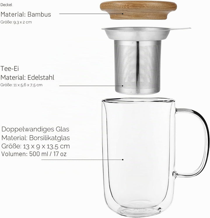 Viva Scandinavia Teetasse Glas doppelwandig mit Griff, Thermoglas mit Edelstahl-Sieb für Losen Tee-B