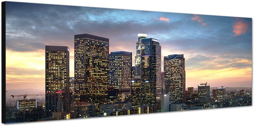 Paul Sinus Art Panoramabild auf Leinwand und Keilrahmen 150x50cm Los Angeles Wolkenkratzer Sonnenunt