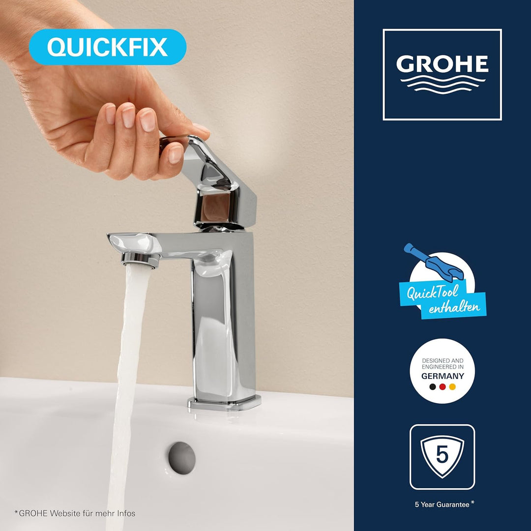 GROHE Dice, Waschtischarmatur, wassersparend (Wasserhahn für das Bad, Badarmatur mit Zugstangen-Abla