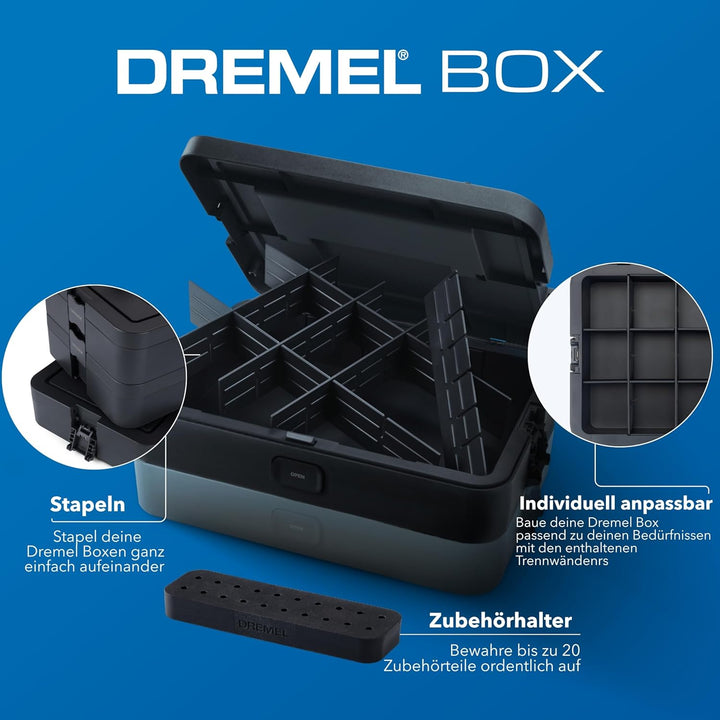 Dremel Box zur Werkzeugaufbewahrung mit 6 Trennwänden und Zubehörhalter, individuell anpassbarer Org