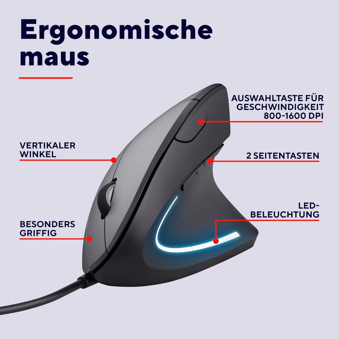 Trust Verto Vertikale Ergonomische Maus, Vorbeugung Gegen Mausarm/Tennisarm (RSI Syndrom), 1000/1600