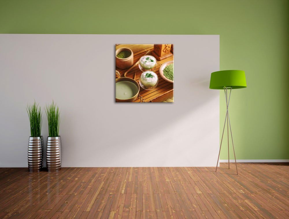 Pixxprint schön dekorierter Matcha Tee, Format: 70x70 auf Leinwand, 70x70