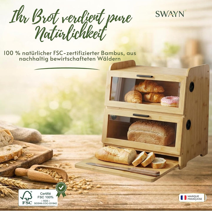 SWAYN Brotkasten aus FSC-zertifiziertem Bambus – Brotkasten mit 2 Etagen, verstellbare Belüftung für