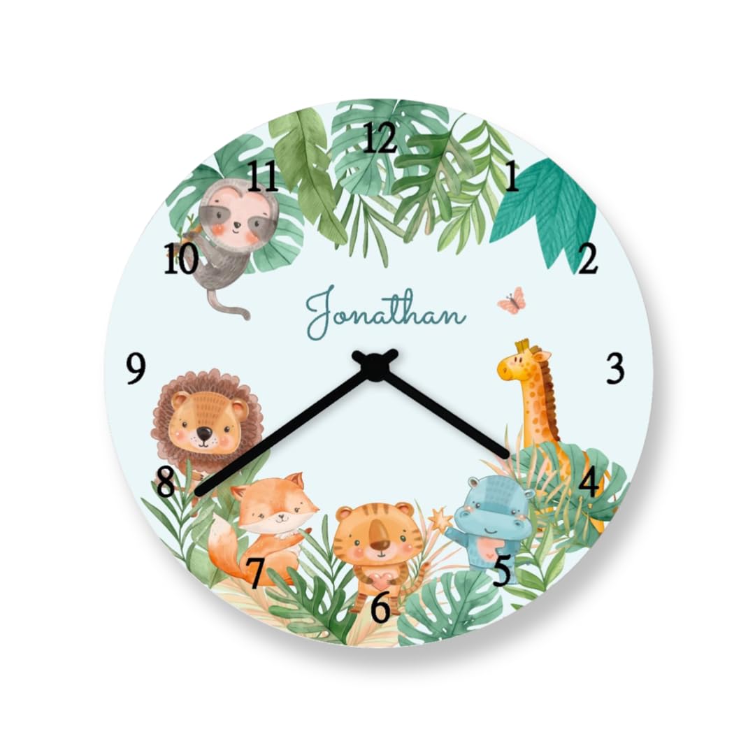 Personalisierte Wanduhr Safari Tiere Baby Geburt Taufe Mädchen Junge Babygeschenk