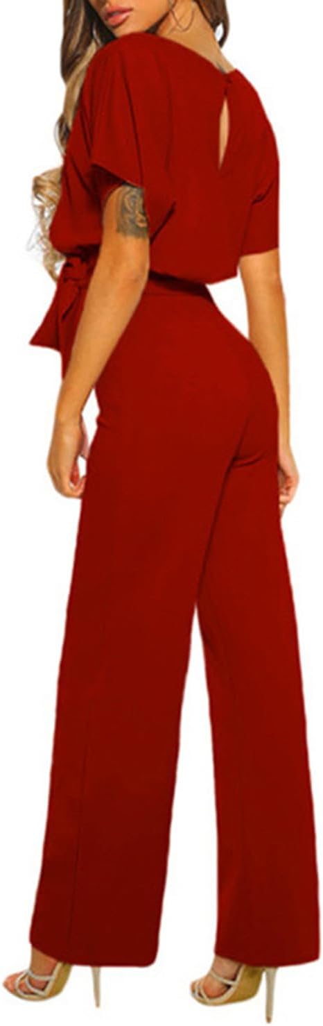Coloody Damen Lang Jumpsuit Elegant Sommer Kurzarm V-Ausschnitt Overall Hosenanzug Romper Weites Bei