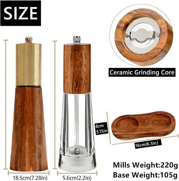 Premium Holz-Salz- und Pfeffermühle-Set mit Acrylgehäuse verstellbarem Kern | Premium-Holzsalzmühle