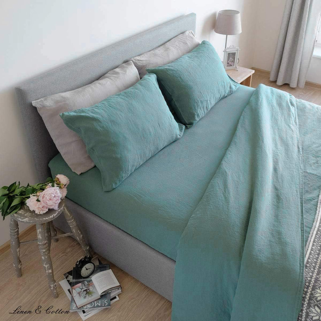 Linen &amp; Cotton Weicher Griff Bettwäsche Set Alicia - 100% Leinen Gewaschen, Mint Grün (220 x 230 cm)
