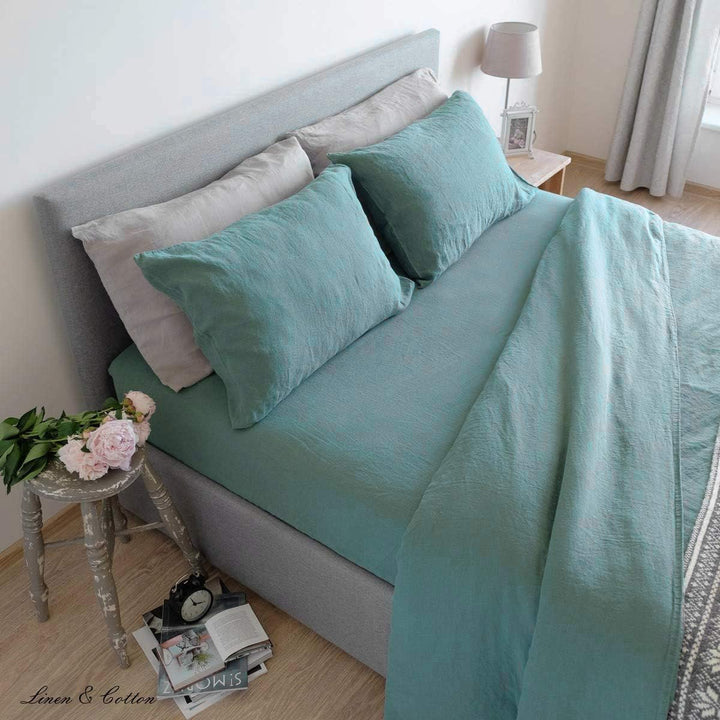 Linen &amp; Cotton Weicher Griff Bettwäsche Set Alicia - 100% Leinen Gewaschen, Mint Grün (220 x 230 cm)