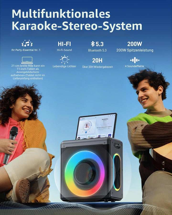Karaoke Maschine mit 2 mikrofonen, wiederaufladbaren Mikrofonen: Tragbarer Bluetooth-Lautsprecher fü