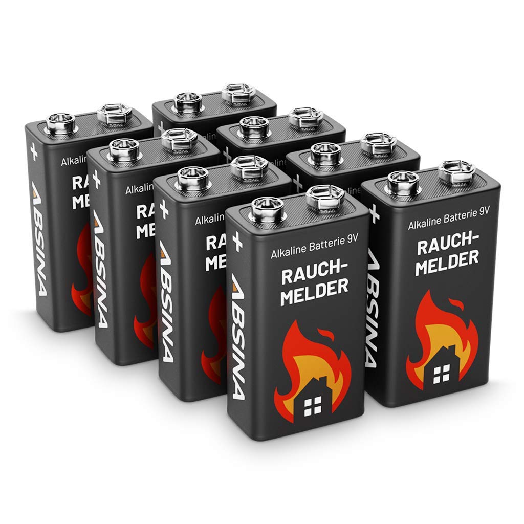 ABSINA Rauchmelder Batterie 9V Block - 8er Pack Alkaline 9V Block Batterien langlebig & auslaufsiche