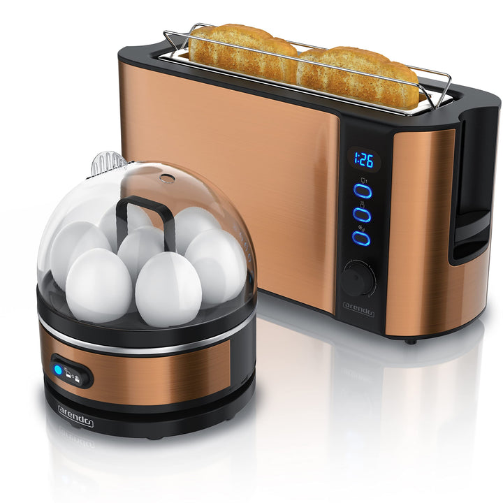 Arendo - SET Toaster FRUKOST mit Eierkocher SEVENCOOK Edelstahl Kupfer, Toaster 2 Scheiben, LED-Disp