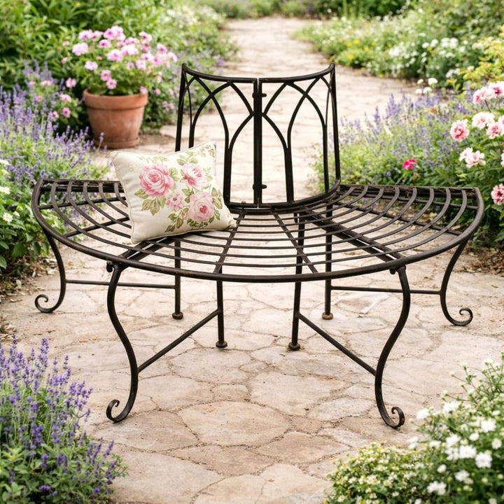 DanDiBo Baumbank Halbrund Metall Wetterfest Braun 127 cm 3 Sitzer 121071 Gartenbank mit Rückenlehne