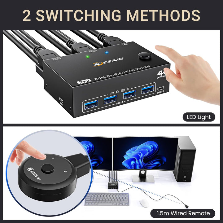 KVM Switch 2 PC 2 Monitore DP HDMI, USB 3.0 Dual Monitor KVM Switch Displayport HDMI Teilen 4 USB 3.