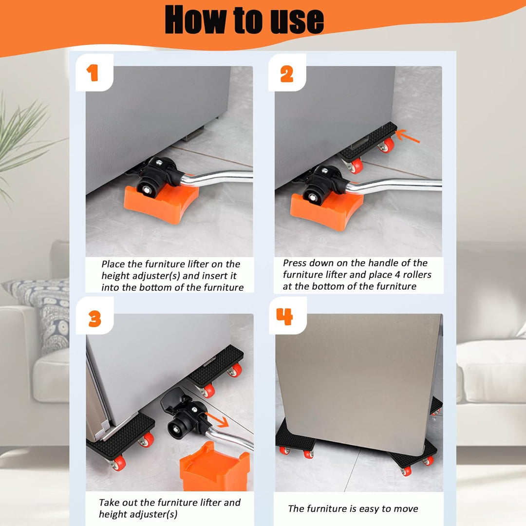 Qingning Möbel Transportroller Set, 4 Möbelroller & 1 Lastenheber für Schwere Möbel, 500kg Tragfähig