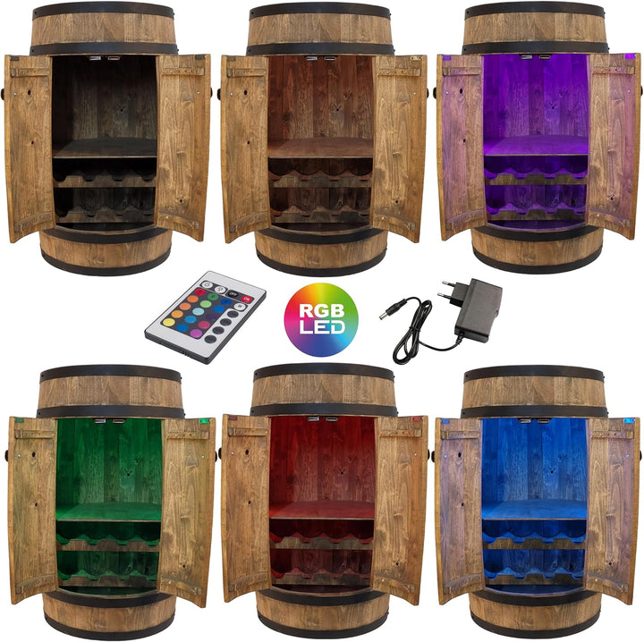 weeco Fassbar mit Tür und Weinregal RGB LED Beleuchtung, Hausbar Weinrack 80x50cm. Rustikaler deko B