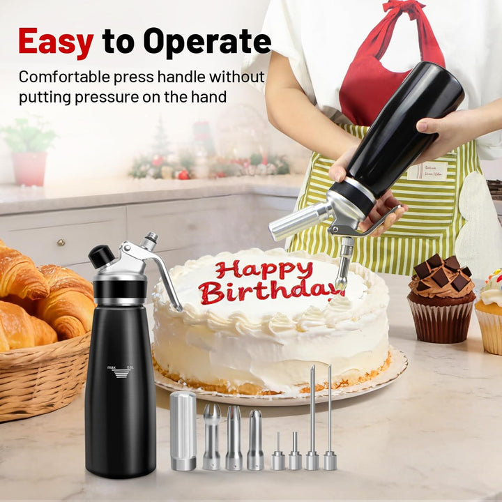 Sahnespender,Sahnesyphon Aluminium 500ml für Schlagsahne,Cremes,Desserts und Sossen mit 3 Edelstahl