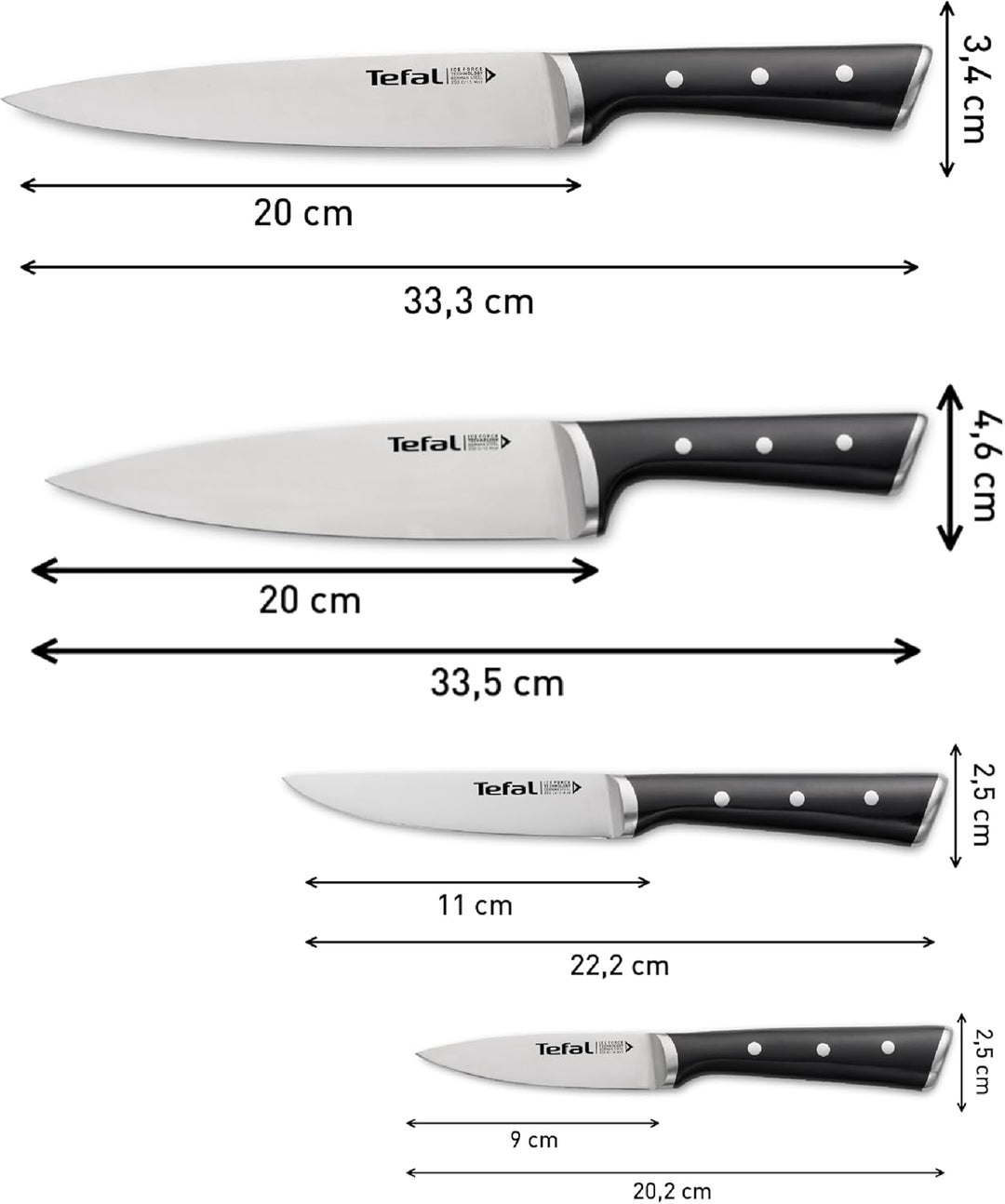 Tefal Ice Force Set mit 4 Messern | Kochmesser 20 cm | Fleischmesser 20 cm | Universalmesser 11 cm |