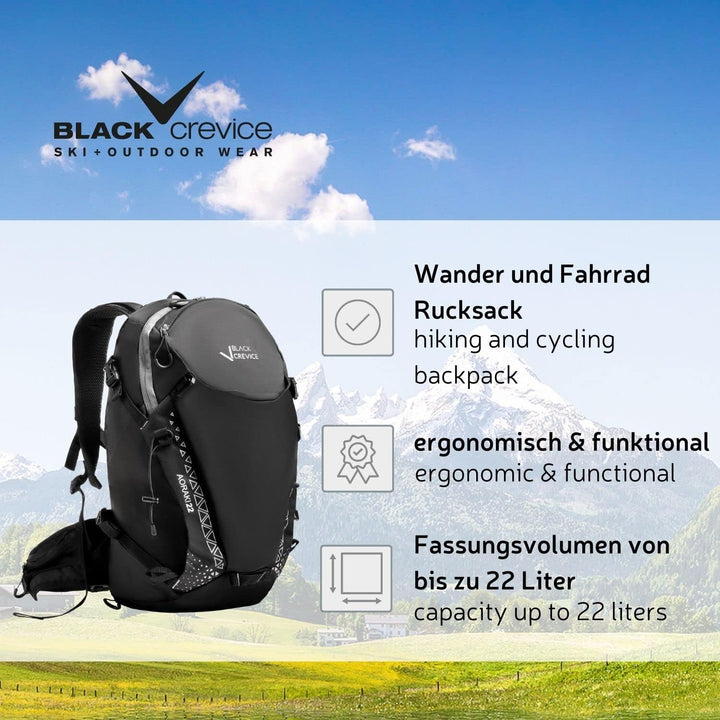 Black Crevice Wander & Bike Rucksack AORAKI 22 L I Hochwertiger Outdoor Rucksack mit Trinksystem & R