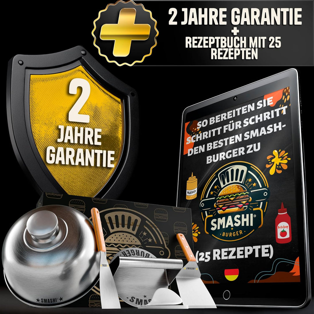 SMASHI® Smash Burger Set mit Holzgriffen – Grillzubehör aus Edelstahl 304 Burgerpresse, Spachteln &