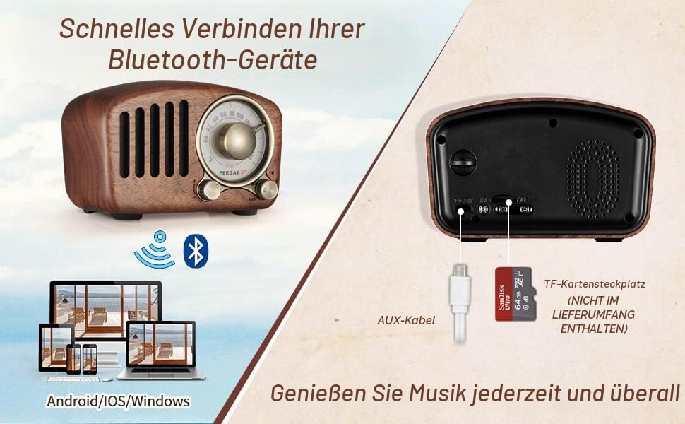 Radio Feegar Retro Bluetooth Lautsprecher,Vintage FM Radio mit altmodischem klassischem Stil,Starke