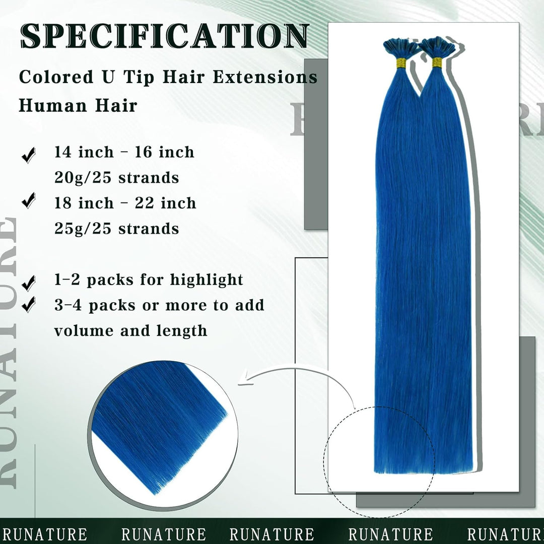 RUNATURE Extensions Echthaar Bondings Blau 50cm Keratin Unsichtbar Menschliches Haar 25 Strähne Haar