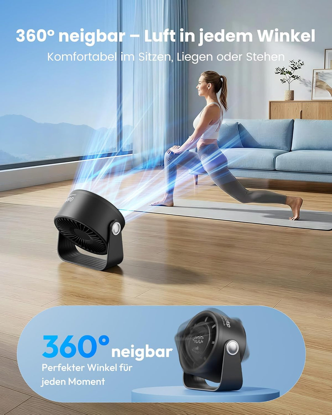Gaiatop USB Ventilator Klein Leise, Akku Tischventilator mit 5 Stufen & Kraftvoller Luftstrom, Touch