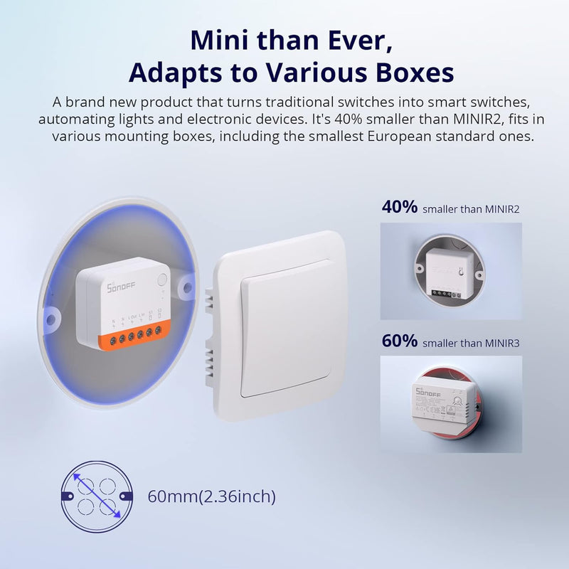 SONOFF 2PCS MINIR4 Smart Wlan Schalter, WiFi Schalter mit Timing-Funktion, Relay Split Mode, 2.4G Wi