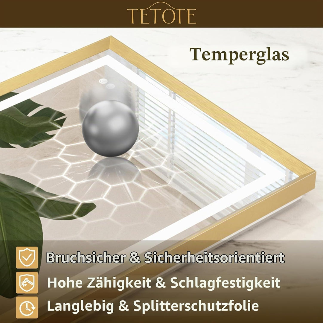 TETOTE Badspiegel mit Beleuchtung Gold Metallrahmen 120x80cm, Badezimmerspiegel Beleuchtet Beschlagf