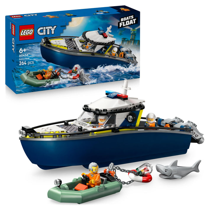 LEGO City Verfolgungsjagd im Polizeiboot – Spielset mit schwimmfähigem Schnellboot, Schlauchboot des