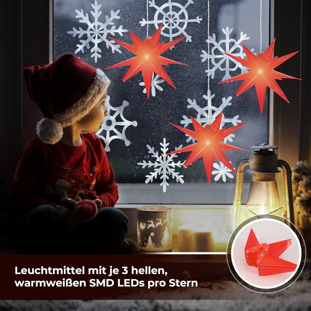 Leuchtstern 3D mit LED Beleuchtung | 3er Set | rot | Ø 27 cm| 3D Stern mit 15 Spitzen | wetterfest |