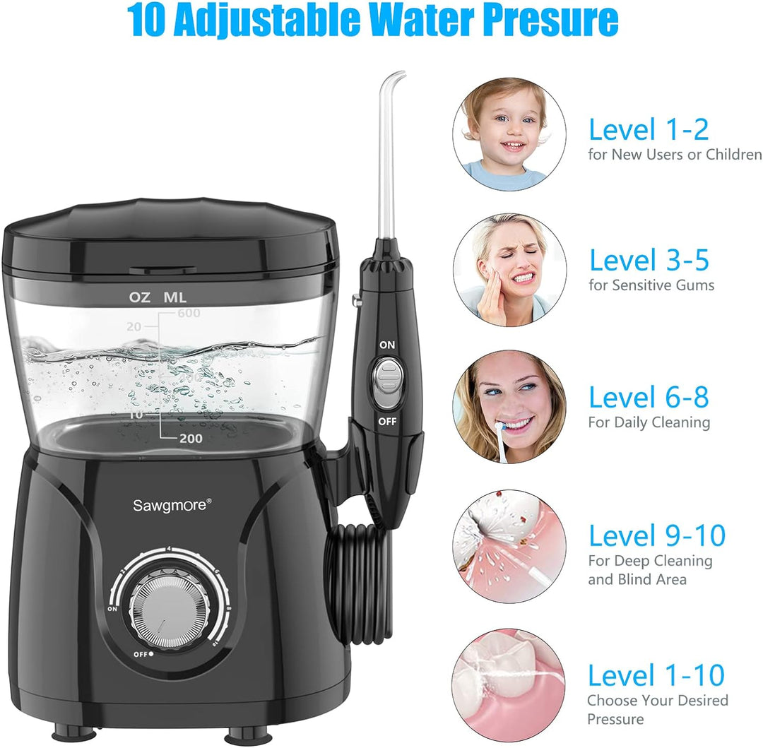 Sawgmore Elektrische Munddusche mit 10 Druckstufen und 8 Düsen，Professional Waterflosser für Zanrein