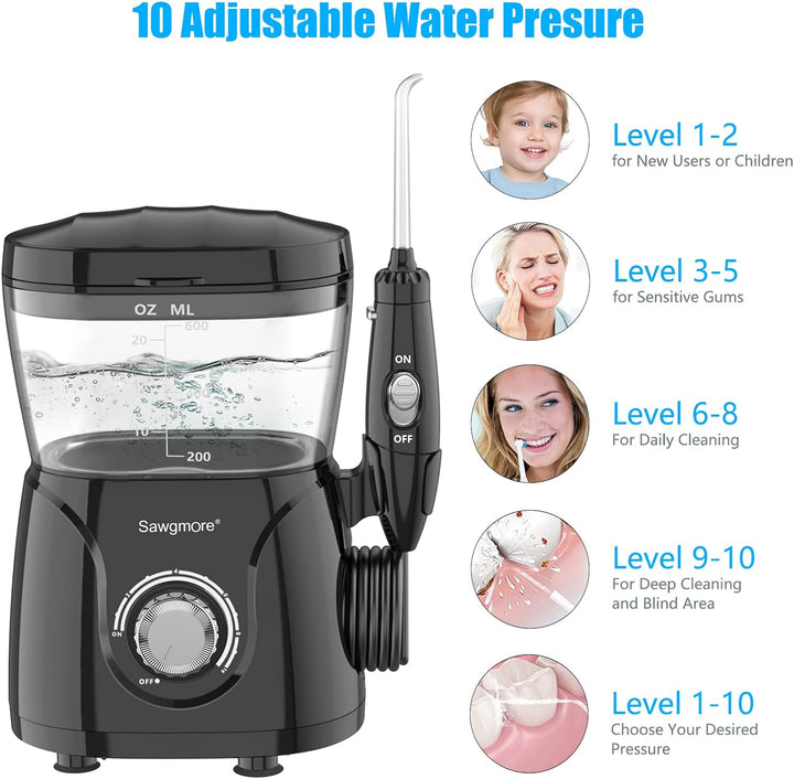 Sawgmore Elektrische Munddusche mit 10 Druckstufen und 8 Düsen，Professional Waterflosser für Zanrein