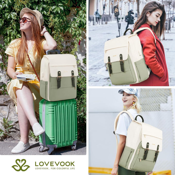 LOVEVOOK Rucksack Damen Grün, Laptop Schulrucksack Wasserdicht, Daypacks Arbeitstasche, Schultasche