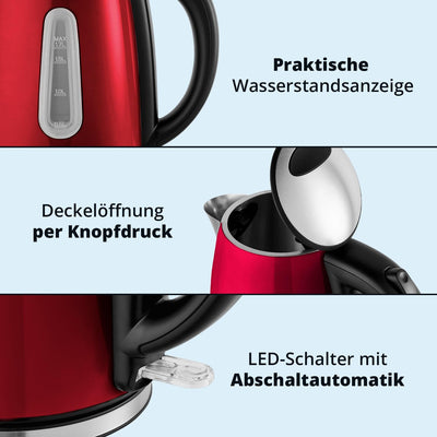 KHG Frühstücksset aus Wasserkocher & Toaster in Rot, Edelstahl Metallic Chrom, 1,7l Kapazität & 2 To