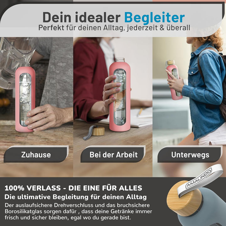 Amalindo Trinkflasche 1l Glas Bruchsicher, Wasserflasche, Glasflasche 1 Liter, Trinkflasche Glas 1l,