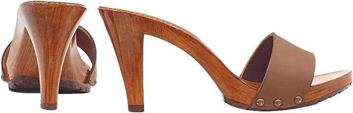 Kiara Shoes Damen Clogs mit sexy Absatz und Lederband Made in Italy - K6102 Cuoio (40, BRAUN) 40 EU