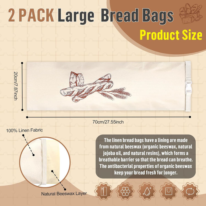 2 Stück 70 * 20cm Brotbeutel mit Bienenwachstuch Innenfutter Wiederverwendbare Brottüten Brot Obst G
