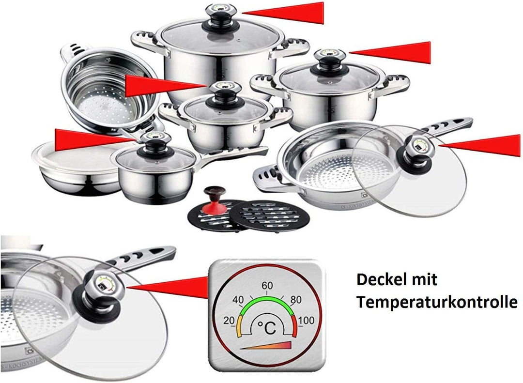 RL 16 TLG. Edelstahl Topfset Töpfe Kochtöpfe Kochtopf Topf Set Pfannen Kochgeschirr (Glasdeckel)