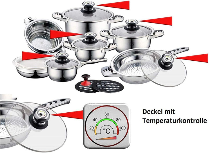 RL 16 TLG. Edelstahl Topfset Töpfe Kochtöpfe Kochtopf Topf Set Pfannen Kochgeschirr (Glasdeckel)