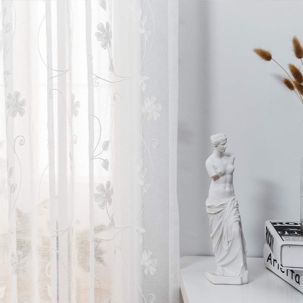 Transparente Vorhänge Mit Blumenstickerei, 114 cm Länge, Stangentasche, Voile für Wohnzimmer, Schlaf