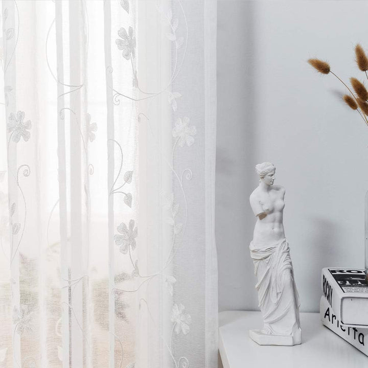 Transparente Vorhänge Mit Blumenstickerei, 114 cm Länge, Stangentasche, Voile für Wohnzimmer, Schlaf