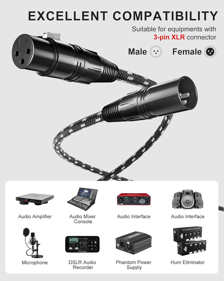 XLR Kabel 3 m 2 Stücke, XLR Stecker auf Buchse Kabel, 3 Polig symmetrisches XLR Mikrofonkabel, aus s