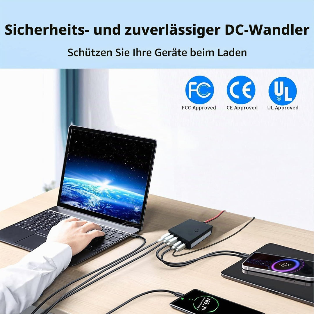 DC-Konverter 12V/24V auf 5V 12A, bis zu 60W, mit Batterieklemmen, USB-C, Mehreren Anschlüssen, Buck-