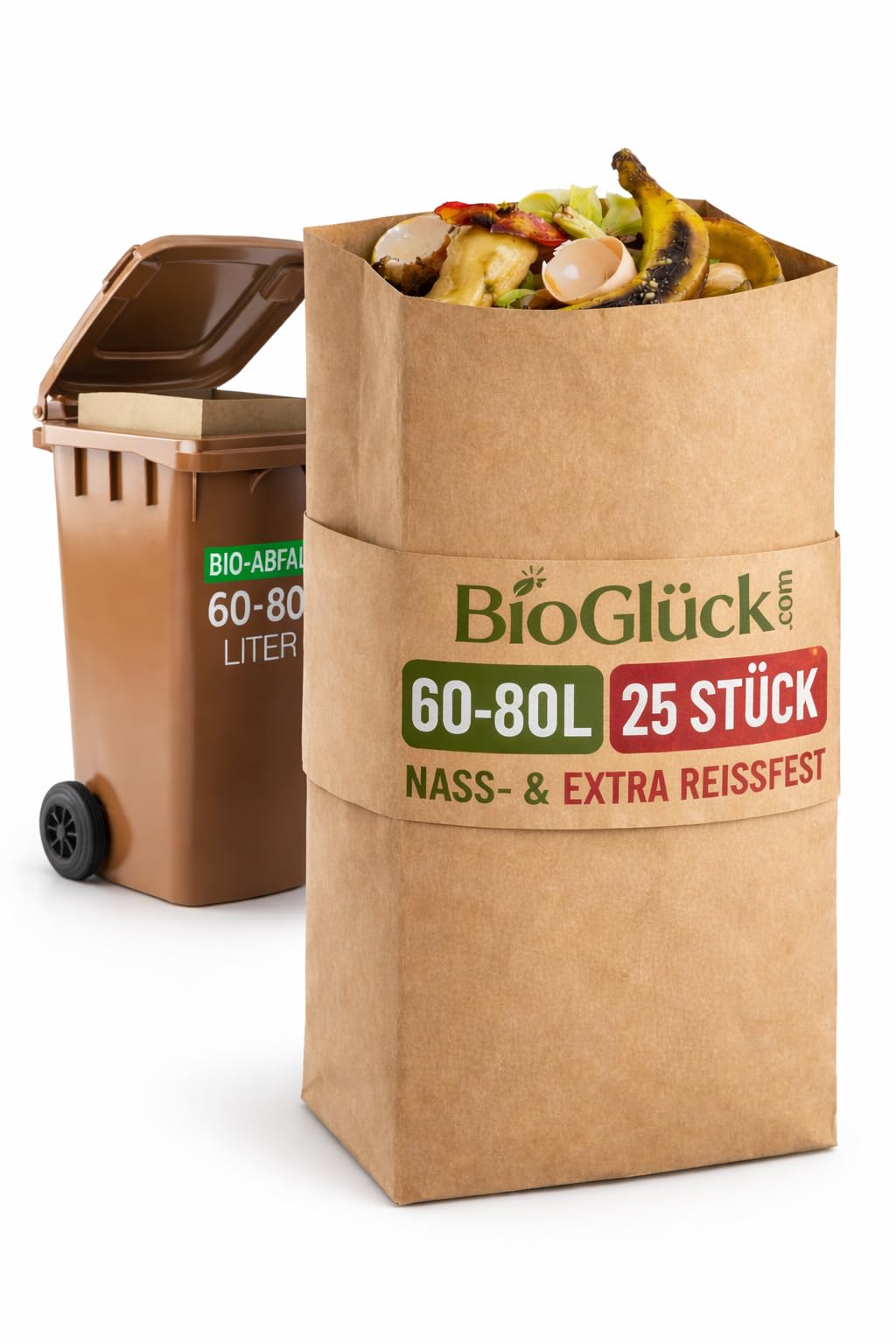 BIOGLÜCK® - 60 &amp; 80 Liter Biomüllsäcke für die Biotonne [25 Stück] / Extra nass- &amp; reissfestes Papie