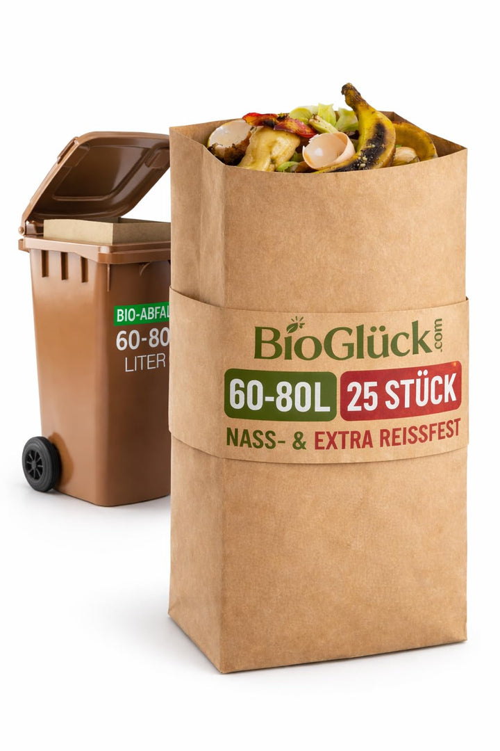 BIOGLÜCK® - 60 &amp; 80 Liter Biomüllsäcke für die Biotonne [25 Stück] / Extra nass- &amp; reissfestes Papie
